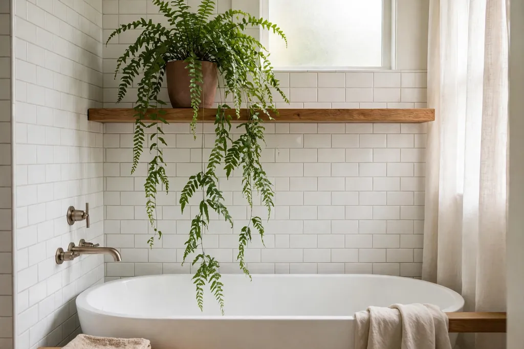 Bathroom with a potted fern on a high wooden shelf above a bath with trailing green leaves