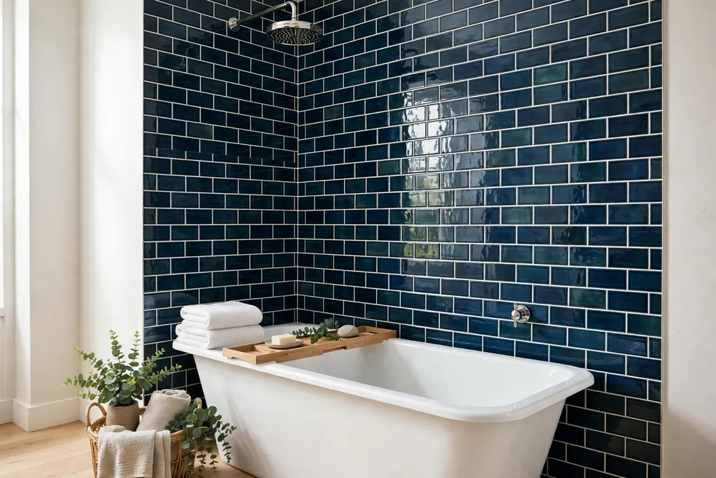 Shower wall with deep loch blue glazed tiles white grout and a rainfall shower head