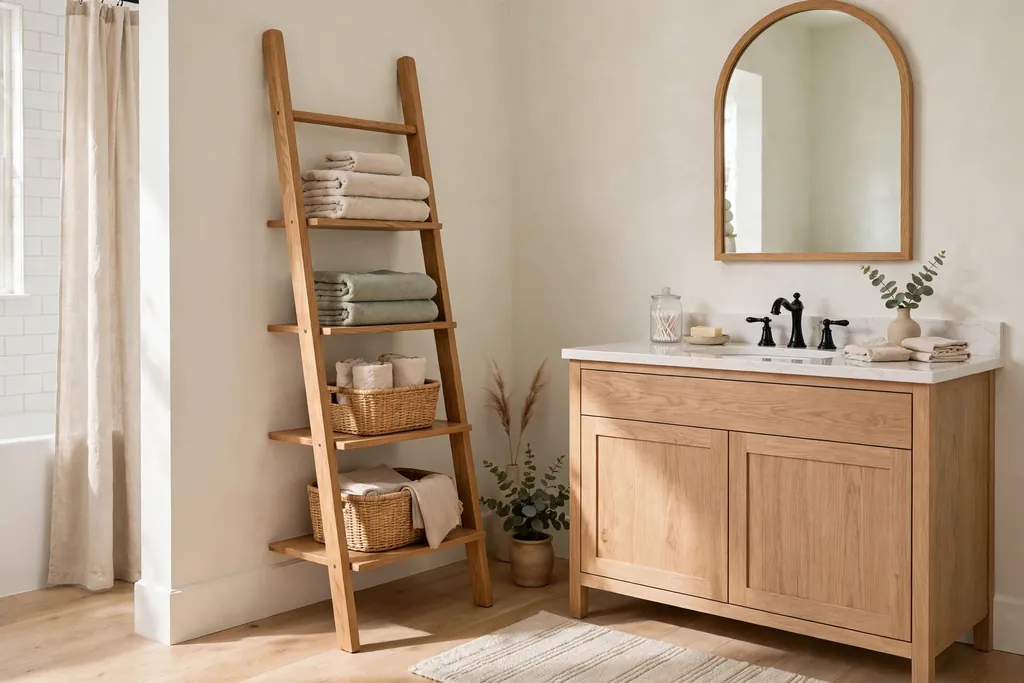 Bathroom with a leaning oak ladder shelf holding folded towels and baskets beside a vanity