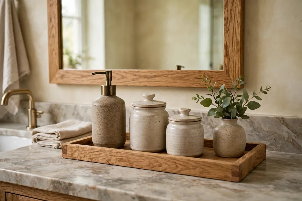 Bathroom vanity counter with an oak tray holding a stoneware soap dispenser ceramic jars and a small vase