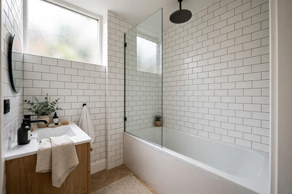 Bath with a rainfall shower head and a clear glass screen in a small bathroom with white subway tiles