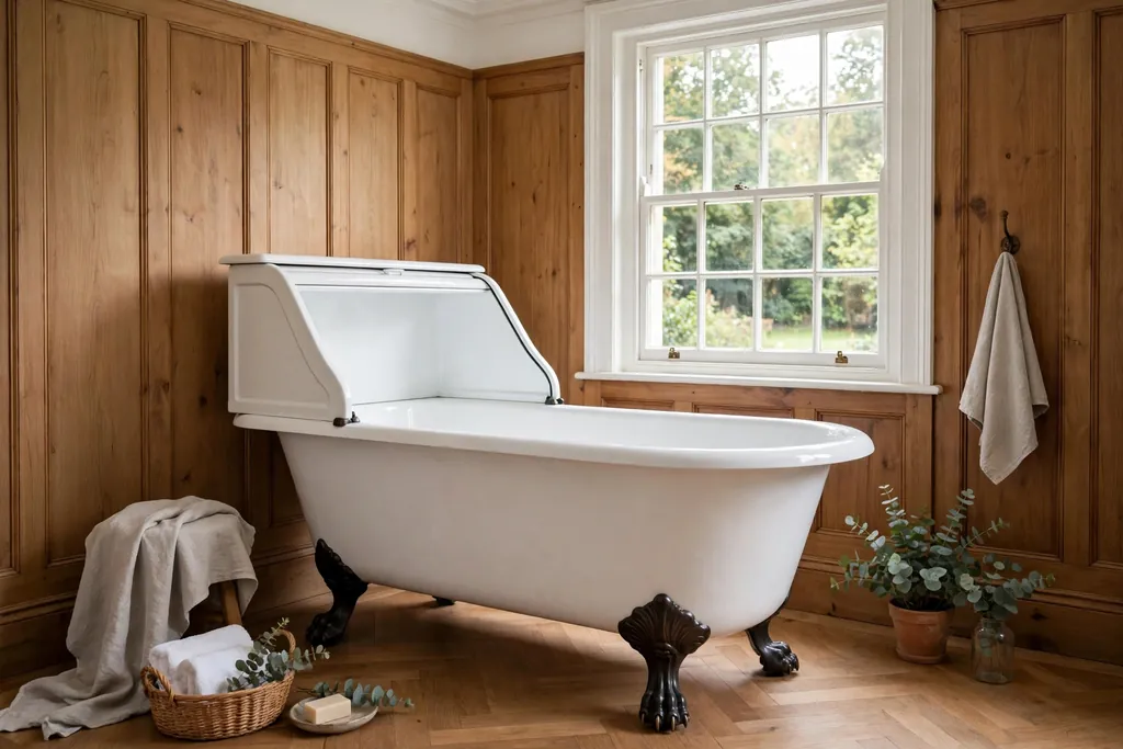 Freestanding white roll-top bath with dark claw feet in a bathroom with wood panelled walls and a sash window