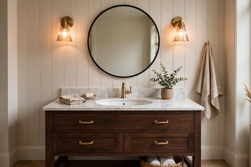 Bathroom vanity with a round mirror flanked by two warm wall sconces above a white basin