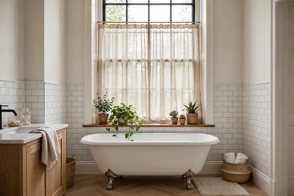 Bathroom with a tall sash window dressed with a sheer linen cafe curtain and a white bath below the window