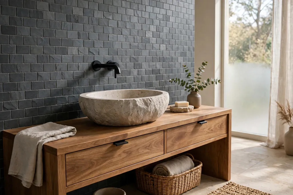 Bathroom with slate grey wall tiles and a natural stone vessel basin on a wood vanity