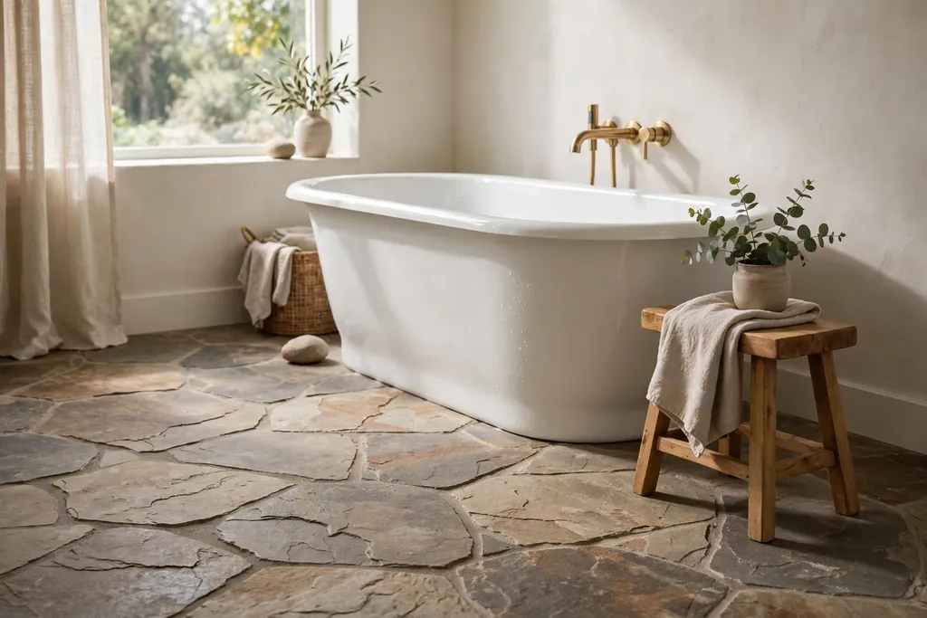Bathroom with natural stone flag floor tiles a white freestanding bath and a wood stool
