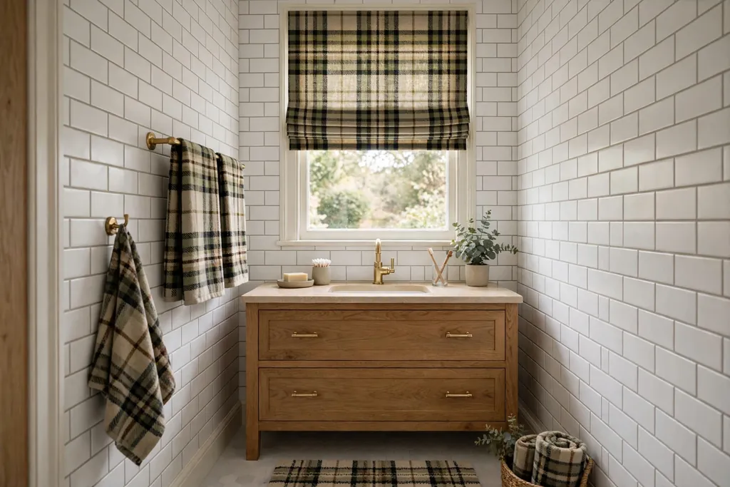 Small neutral bathroom with tartan towels and a tartan Roman blind at the window white tiles and a wood vanity