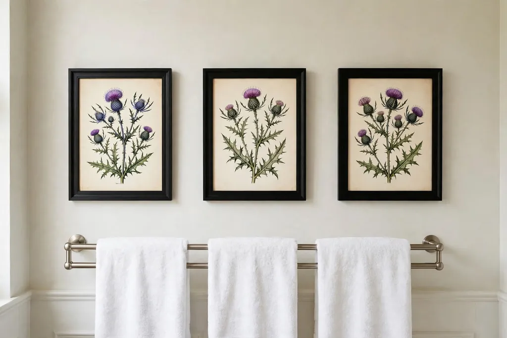 Bathroom wall with framed thistle botanical prints in black frames above a towel rail