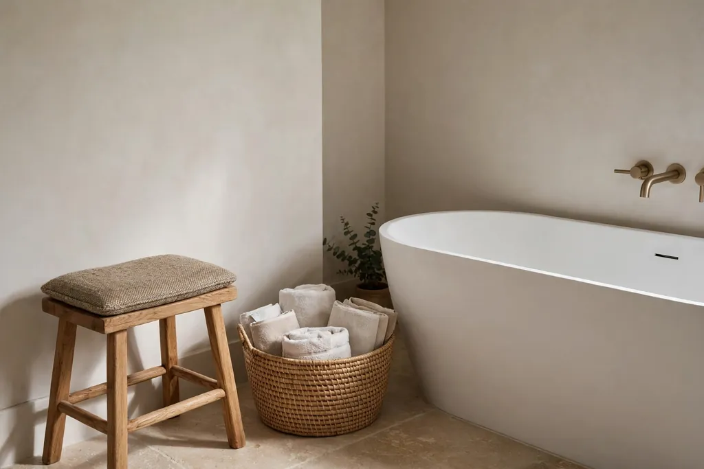 Bathroom corner with a wooden stool with a tweed cushion and a woven basket of towels beside a bath