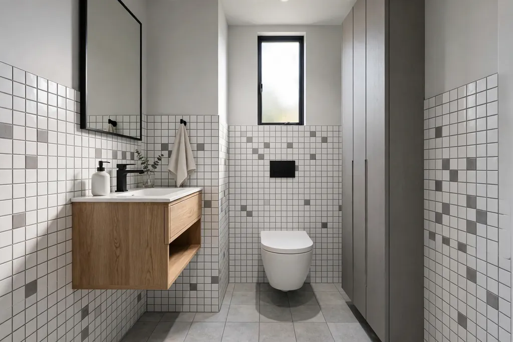 Small bathroom with a wall hung vanity and wall hung toilet showing clear floor tiles beneath