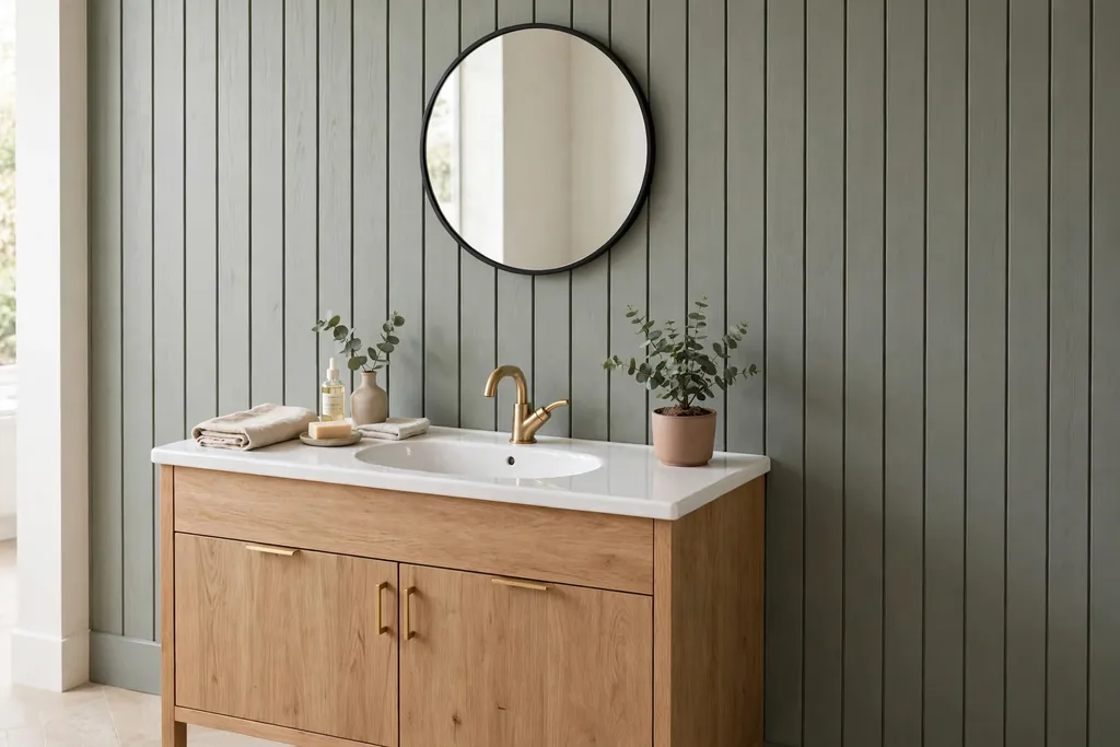 Bathroom wall with vertical wood panelling painted soft grey green behind a vanity and round mirror