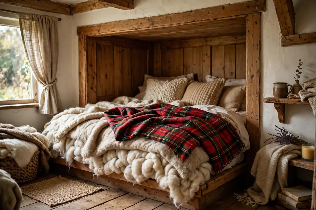 Low wood bed nook with layered wool blankets and a tartan throw.