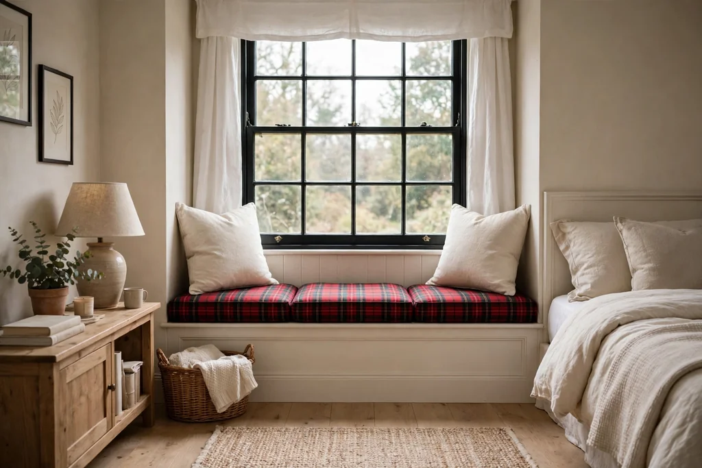Brass bedside lamps with warm shades glowing beside a bed.