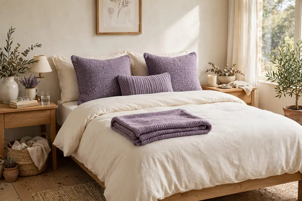 Bed with a chunky knit throw across the lower half.