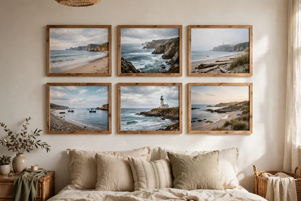 Group of wood framed coastal photos on a bedroom wall.