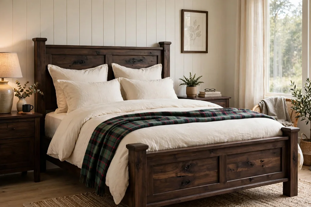 Dark wood bed frame with cream bedding and a tartan throw.