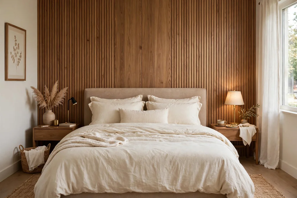 Bedroom with a deep forest green wall behind the bed and cream bedding.