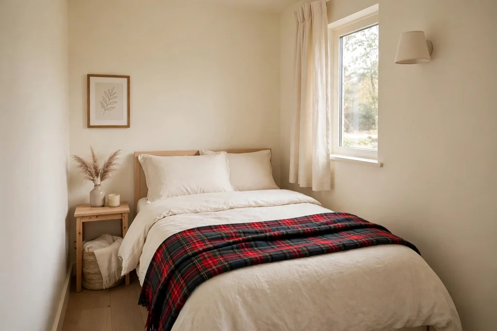 Guest bed with plain cream bedding and a folded tartan throw.