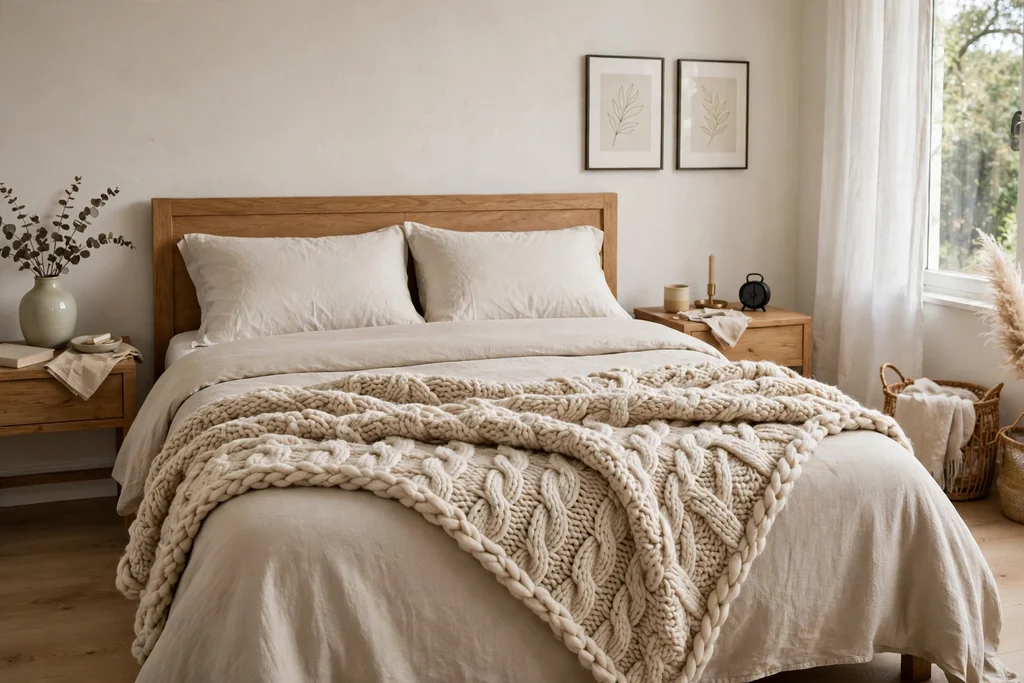 Bed with heather purple cushions and a folded throw, cream bedding.