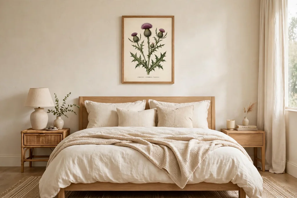 Framed Highland landscape print on a bedroom wall above a dresser.