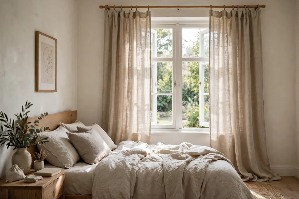 Bedroom window with natural oat linen curtains and soft daylight.