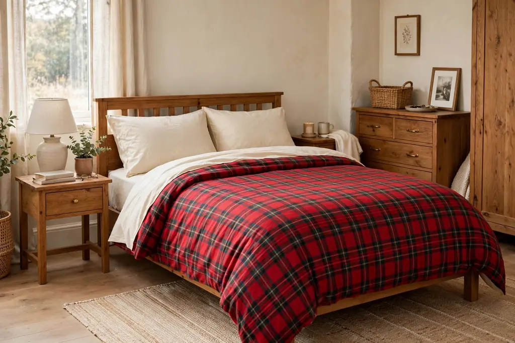 Plain bed with a muted green tartan throw folded across the foot.