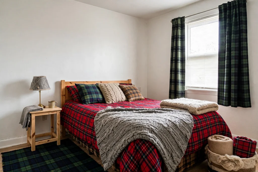 Small bedroom with one tartan throw and otherwise plain decor.