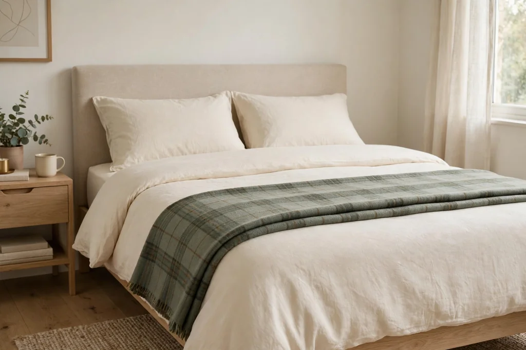 Bedroom with a red tartan duvet cover, cream sheets, and wood furniture.