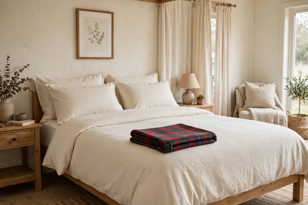 Rental bedroom dressed only in tartan and wool textiles, no paint changes.