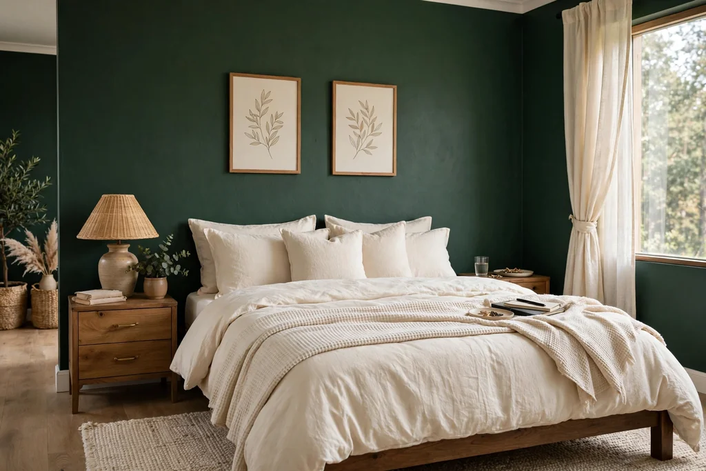 Traditional bed with a tartan bed skirt and plain bedding above.