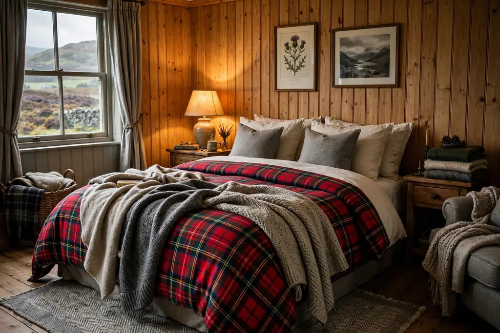 Bed with tartan cushions separated by a solid cream cushion.
