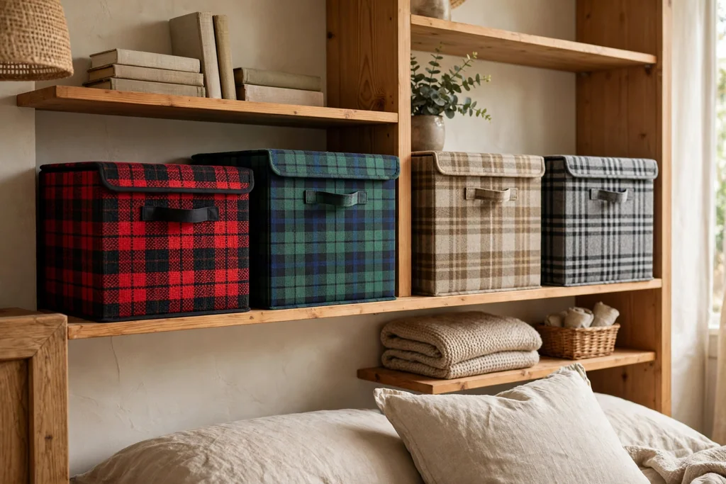 Tartan runner across a dresser top with a small vase.