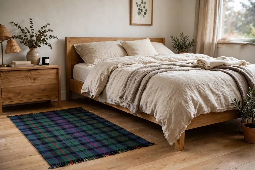 Tartan flat weave rug beside a bed on a wood floor.