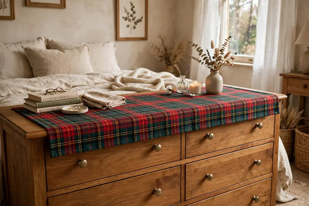 Tartan fabric storage boxes on an open bedroom shelf.
