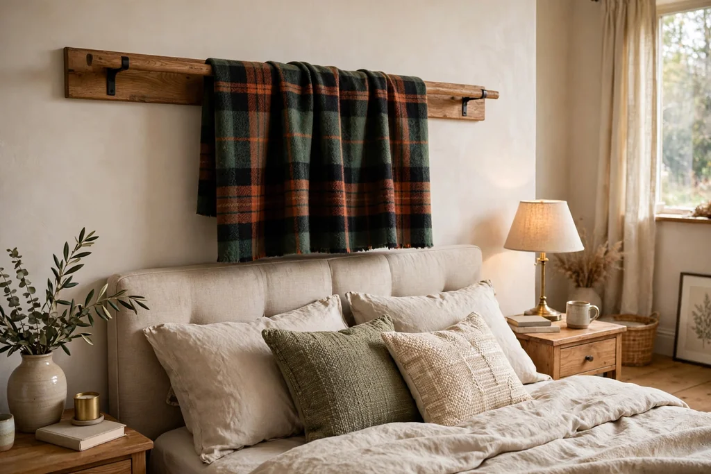 Wool tartan blanket hung on a wooden rail above a headboard.