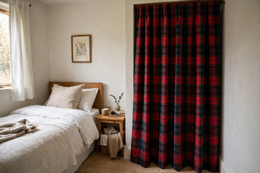 Tartan curtain covering a wardrobe opening in a bedroom.