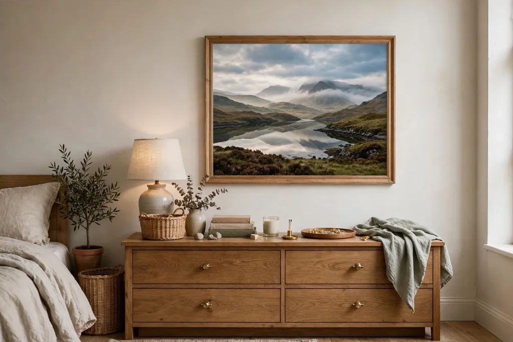 Framed thistle print above a bed in a cream bedroom.
