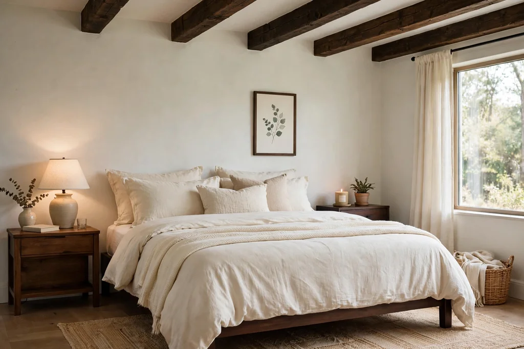 Bedroom with pale walls and dark wood beams above a bed.