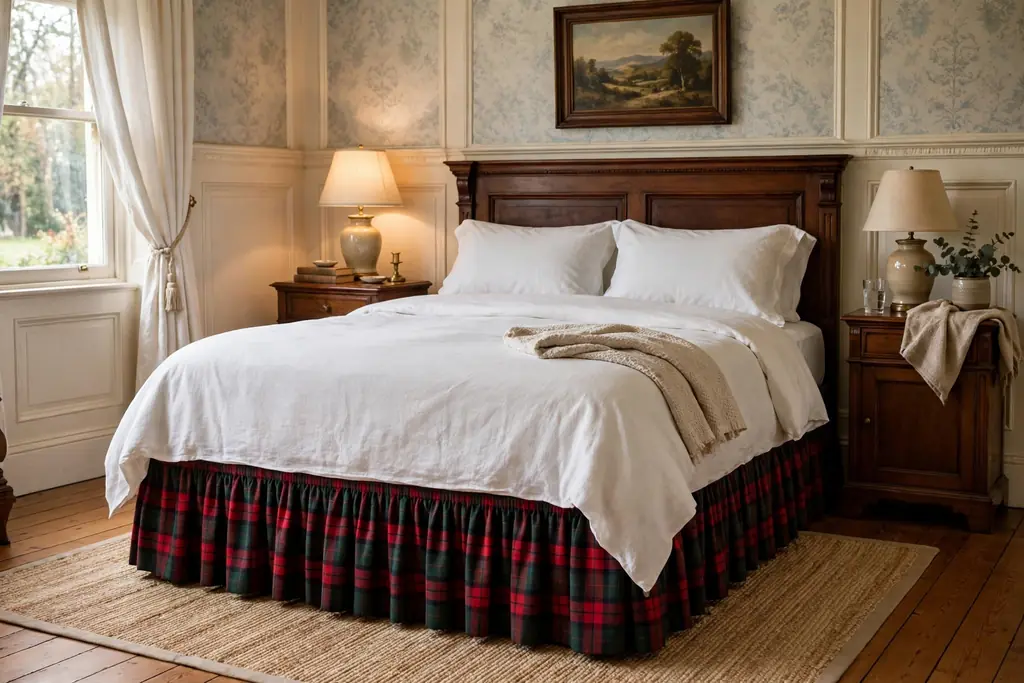 Bedroom with a warm wood panelled wall behind a headboard.