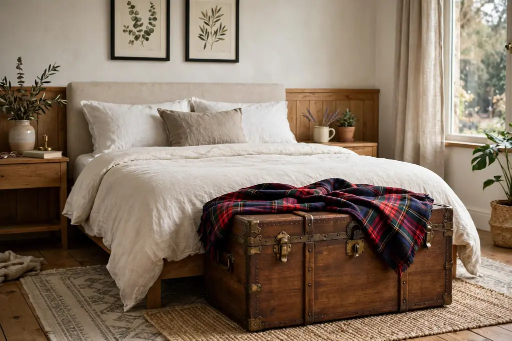 Wooden storage trunk at the foot of a bed with a tartan throw on top.