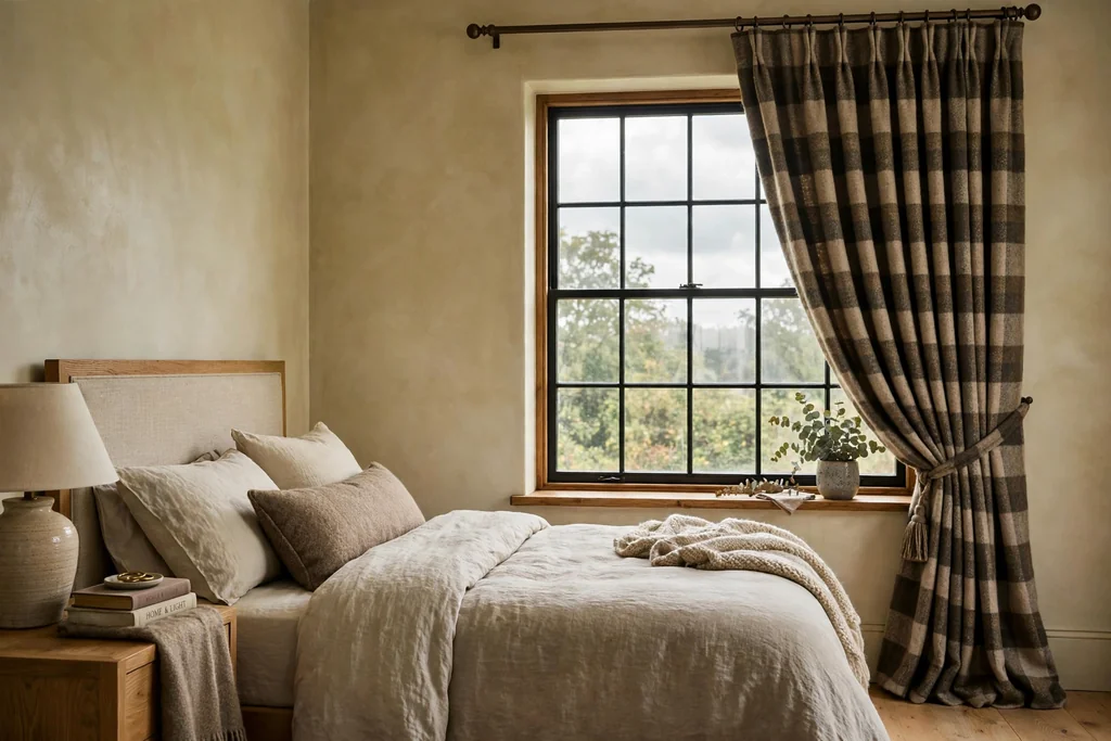 Bedroom window with heavy lined wool check curtains.