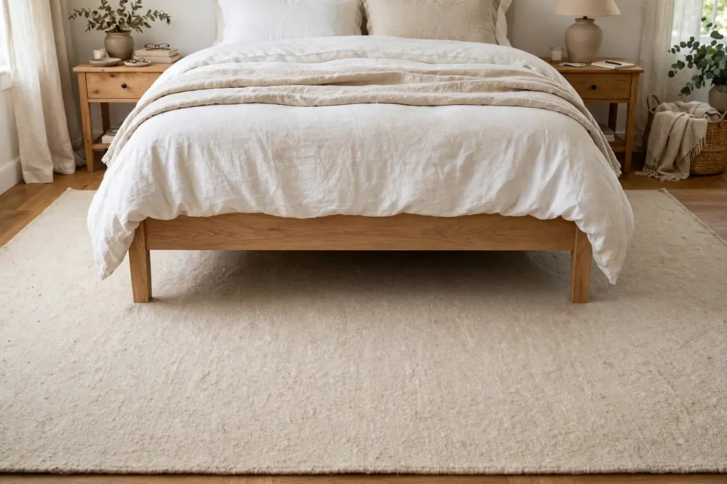 Large plain wool rug under the lower half of a bed.