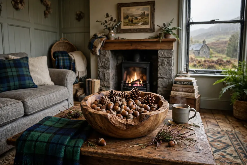 Open wood bowl filled with acorns and pine cones on a coffee table
