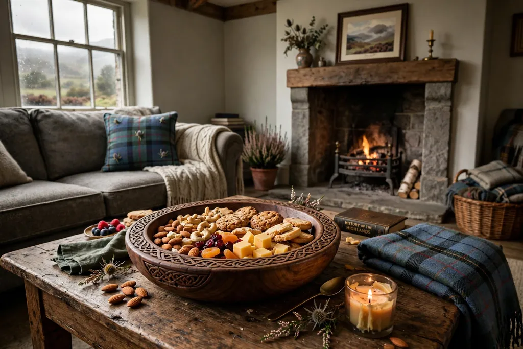 Carved wooden bowl with snacks on a coffee table