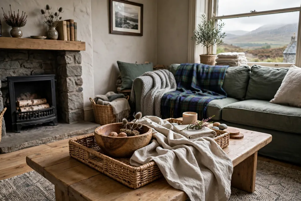 Low coffee table styled with a woven tray, wood bowl, and washable fabric for a family room