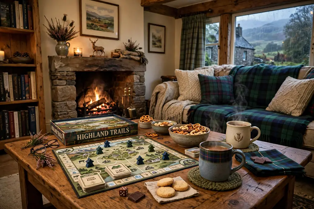 Coffee table set for game night with a board game, snack bowl, and mugs