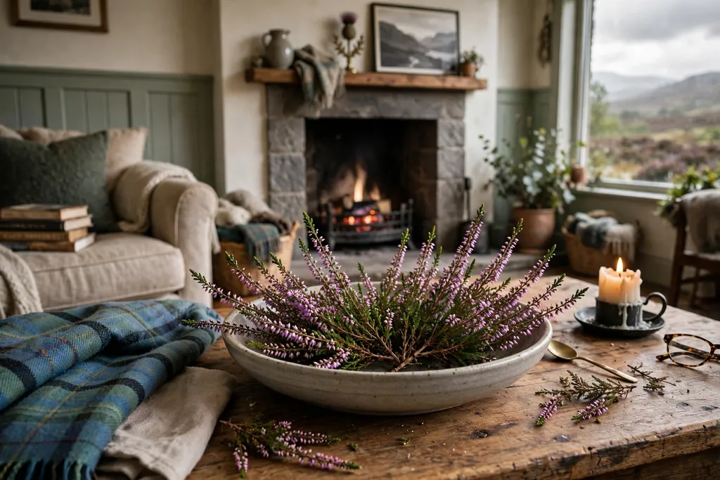Shallow bowl filled with heather sprigs on a coffee table