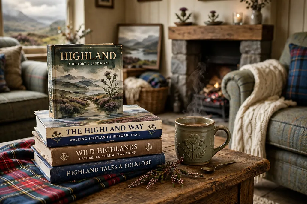 Stack of Highland books on a coffee table beside a mug