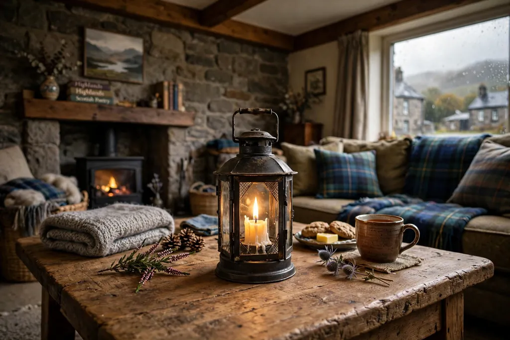 Small metal lantern with a candle on a coffee table centre