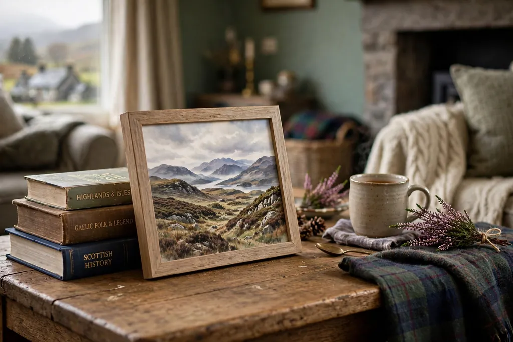 Small framed Highland print leaning against books on a coffee table